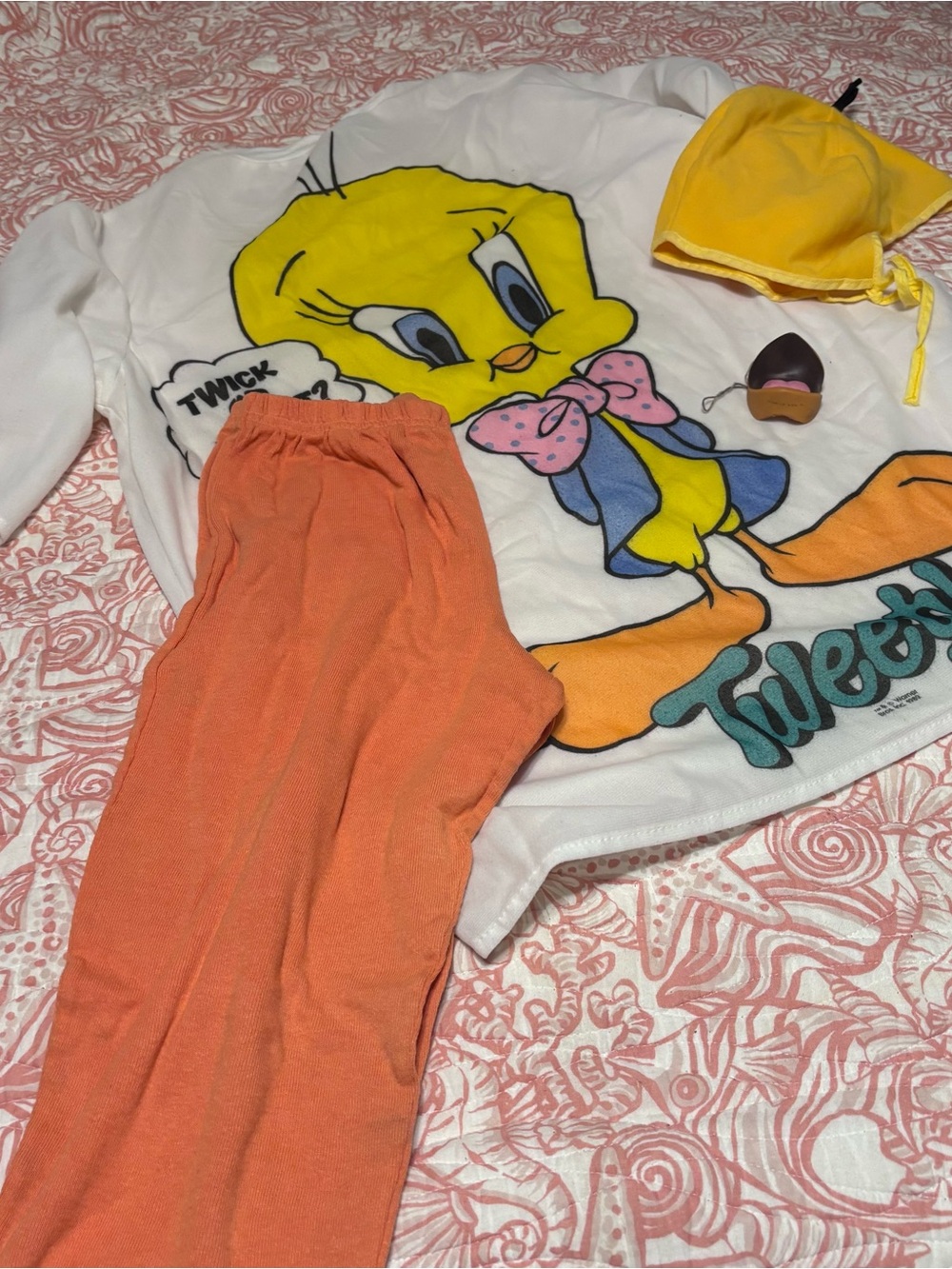 Tweety Print adult vintage Halloween costume - White & Yellow  Coral Pants 1989